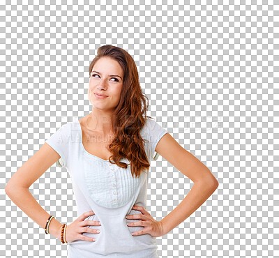Buy stock photo Face, thinking and woman with doubt for idea isolated on a transparent, png background. Happy, advertising and female model person with hands in hips to think of funny promotion, decision or choice