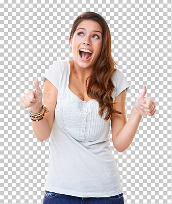 Buy stock photo Thumbs up, excited and happy woman isolated on a transparent png background. Funny, like hand gesture and person with emoji for success, support or winning, achievement and thank you for comedy laugh