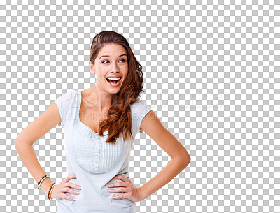 Buy stock photo Laughing, thinking and woman with funny idea isolated on a transparent, png background. Announcement, advertising and female model person think and excited for promotion deal, decision or choice