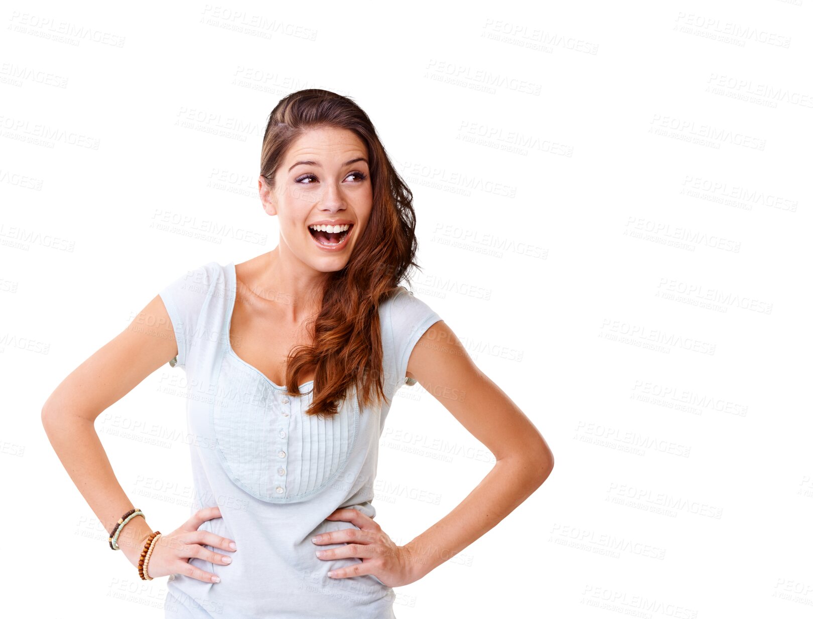 Buy stock photo Laughing, thinking and woman with funny idea isolated on a transparent, png background. Announcement, advertising and female model person think and excited for promotion deal, decision or choice