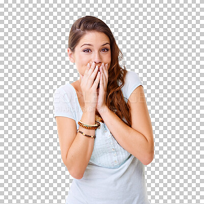 Buy stock photo Portrait, secret and woman with surprise, gossip and lady isolated against a transparent background. Female person, girl and model shocked, facial expression and announcement with png and excited
