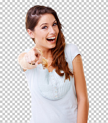Buy stock photo Portrait, wow and woman pointing to you for winning, success and selection, choice or opportunity. Face of excited person with surprise, winner vote or decision isolated on transparent png background