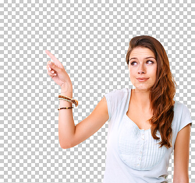 Buy stock photo Woman is pointing at advertising promo, presentation and mockup isolated on png transparent background. Young female model, ambassador and brand marketing with news, opportunity and announcement