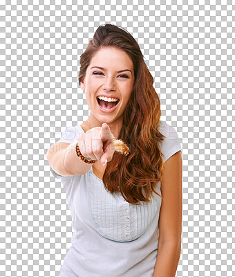 Buy stock photo Funny, woman and portrait with point finger at you in png or isolated or transparent background with comic. Girl, happy and got it with pointing and confidence with decision or choice with laughter.
