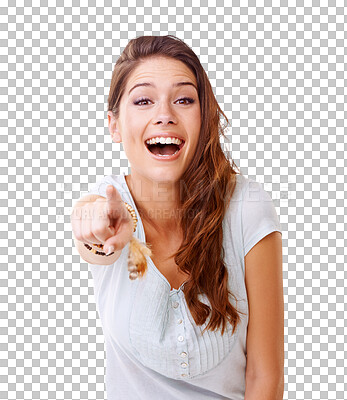 Buy stock photo Portrait, woman and pointing finger with choice, laugh and isolated on transparent png background. Funny, female person and happy for you with joke, choosing hands and decision for celebration.