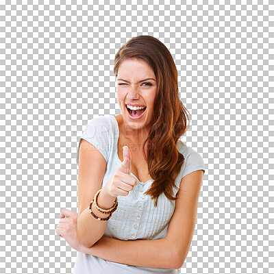 Buy stock photo Happy woman, face and pointing with thumbs up for winning isolated on a transparent PNG background. Excited female person or model smile with thumb emoji, yes sign or like for target, success or goal