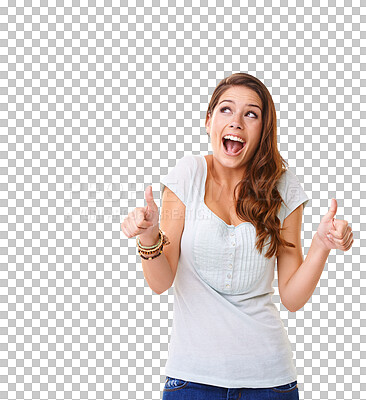 Buy stock photo Happy, thumbs up and portrait of a woman with approval, achievement and celebration. Excited, smile and young female model with a ok or agreement hand gesture isolated by a transparent png background