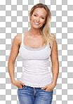 PNG of a gorgeous young woman smiling at the camera with her hands in her pockets