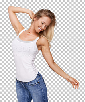 Buy stock photo Stretching, happy and young woman dancing, celebration and excited for fashion or body goals. Person or model in jeans and dance, freedom or lose weight success isolated on transparent png background