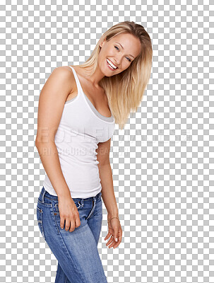 Buy stock photo Fashion, casual and portrait of a woman with a trendy, stylish and cool outfit with confidence. Happy, smile and young female model from Canada with style isolated by a transparent png background.