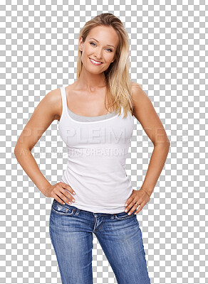 Buy stock photo Happy, beauty and portrait of a casual woman isolated on a transparent, png background. Confidence, hands on hips and smile of female model person from Canada with positive mindset, fashion and style