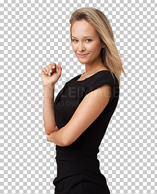 Buy stock photo Fashion, portrait and happy woman in dress isolated on a transparent png background. Face, confident and young female model from Switzerland standing in stylish, fashionable and trendy clothes.