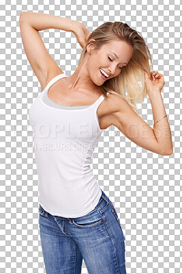 Buy stock photo Freedom, happy and young woman dancing, celebration and excited for fashion or body goals. Person or model in jeans and dance, stretching or lose weight success isolated on transparent png background