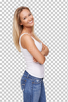 Buy stock photo Happy, portrait and woman with arms crossed in jeans, casual fashion or confidence on isolated, transparent or PNG background. Girl, smile on face and relax with natural beauty and empowerment