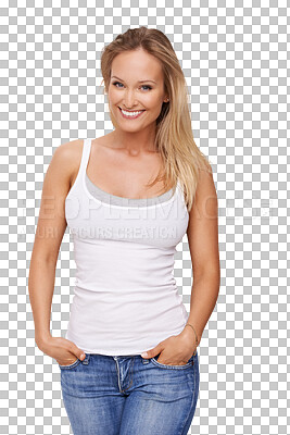 Buy stock photo Confident, beauty and smile portrait of a woman isolated on a transparent, png background. Confidence, happy and pose of a female person from Canada with positive mindset, fashion and casual style