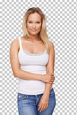 Buy stock photo Portrait, fashion and confident woman isolated on a transparent png background. Style, casual and young model, person or girl from Norway in stylish, fashionable and trendy clothes, jeans or outfit.