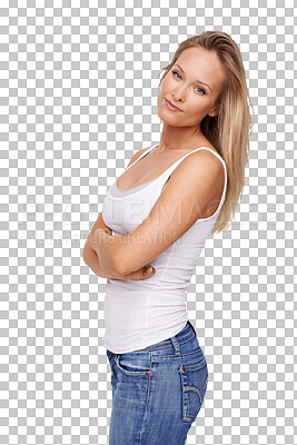 Buy stock photo Serious, portrait and woman with arms crossed with confidence, empowerment or natural beauty on isolated, transparent or PNG background. Girl, face and relax in casual denim, jeans or cool fashion