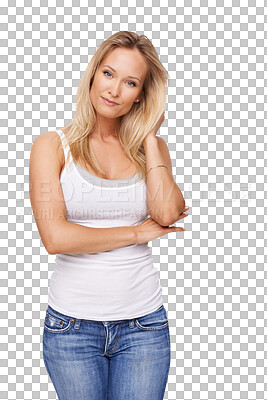 Buy stock photo Hair, beauty and portrait of a casual woman isolated on a transparent, png background. Confidence, blonde and pose of a female model person from Canada with attitude, fashion and style of jeans