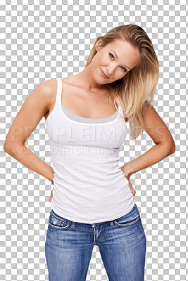 Buy stock photo Smile, fashion or portrait of confident woman isolated on transparent png background with smile. Confidence, stylish girl or happy person smiling with positive mindset, denim jeans or cool style 