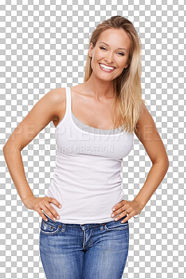 Buy stock photo Smile, fashion or portrait of happy woman isolated on transparent png background with confidence. Stylish girl, hands on hips or funny person smiling with positive mindset, denim jeans or cool style 