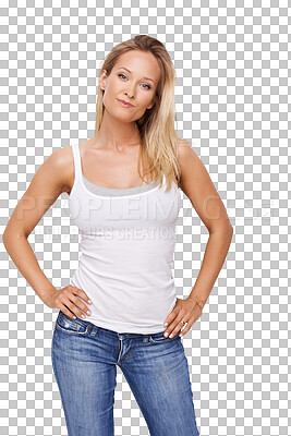 Buy stock photo Portrait, confidence and woman in summer fashion, beauty and posing isolated on png transparent background. Designer jeans, attractive and young female model, feminine and pride with casual style