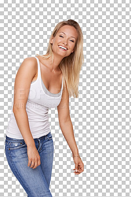 Buy stock photo Laughing, fashion or portrait of happy woman isolated on transparent png background with confidence. Stylish girl, smile or funny person smiling with positive mindset, denim jeans or cool style alone