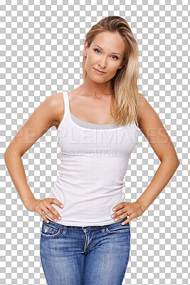 Buy stock photo Portrait, confident and woman in casual fashion, beauty and posing isolated on png transparent background. Designer jeans, attractive and young with female model, feminine and pride with style