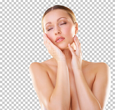 Buy stock photo Skin care, beauty and face of woman with dermatology, cosmetics or natural makeup. Teen model with hands on facial skin for self love, health and wellness isolated on transparent, png background