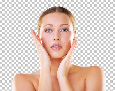 Buy stock photo Face, skin and beauty portrait of woman with dermatology, cosmetics or natural makeup. Teen female model with hands for skincare, facial glow and wellness isolated on transparent, png background