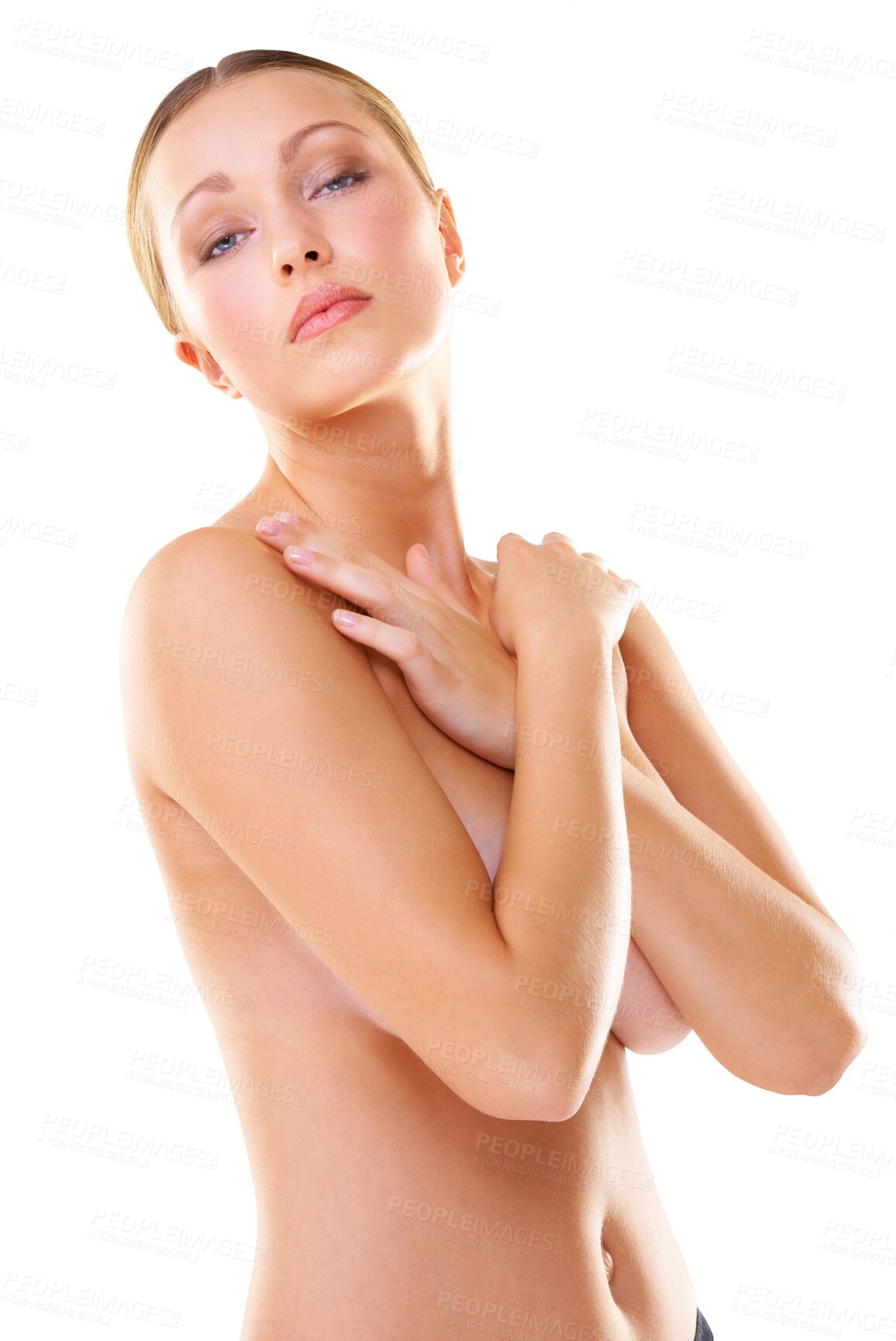 Buy stock photo Topless, cover body and portrait of woman for skincare, beauty and self love isolated on transparent png background. Luxury, minimal and young model or person with skin care, cosmetics or dermatology