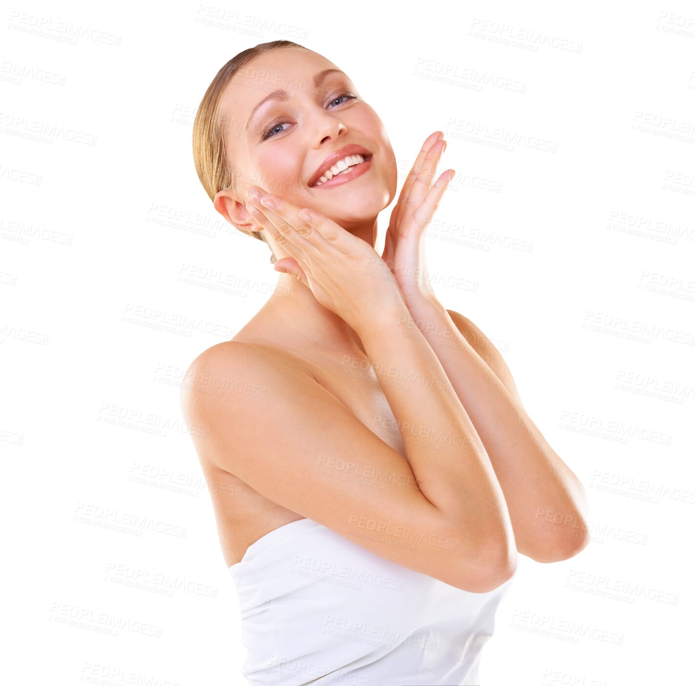 Buy stock photo Skin, beauty and woman with hands on face for dermatology, cosmetics or natural makeup. Happy female model portrait for facial glow, self love and skincare isolated on transparent, png background