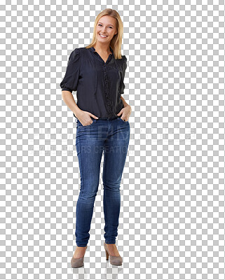 Buy stock photo Portrait of a woman smile and standing isolated on a transparent png background from Denmark. Elegance or natural confidence, casual clothing or proud and happy young female person posing and smiling