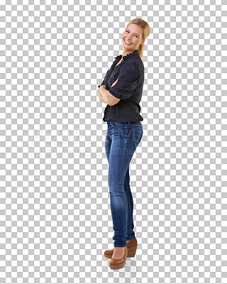 Buy stock photo Full body portrait of happy woman, fashion and arms crossed with confidence isolated on transparent png background. Designer jeans, chic clothes and female model with smile, beauty and casual style