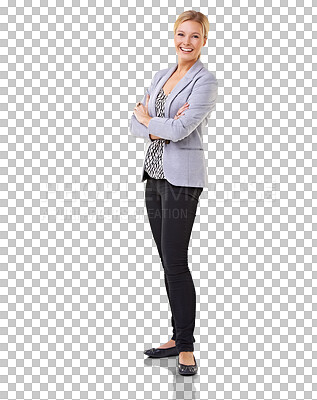 Buy stock photo Business, woman and portrait with arms crossed or confidence, empowerment and pride on isolated, transparent or PNG background. Professional, happy businesswoman and success in corporate career