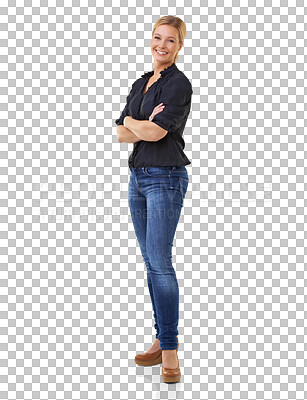 Buy stock photo Happy woman, portrait smile and arms crossed in casual fashion isolated on a transparent PNG background. Female person or model standing or smiling in confidence or happiness with denim jeans