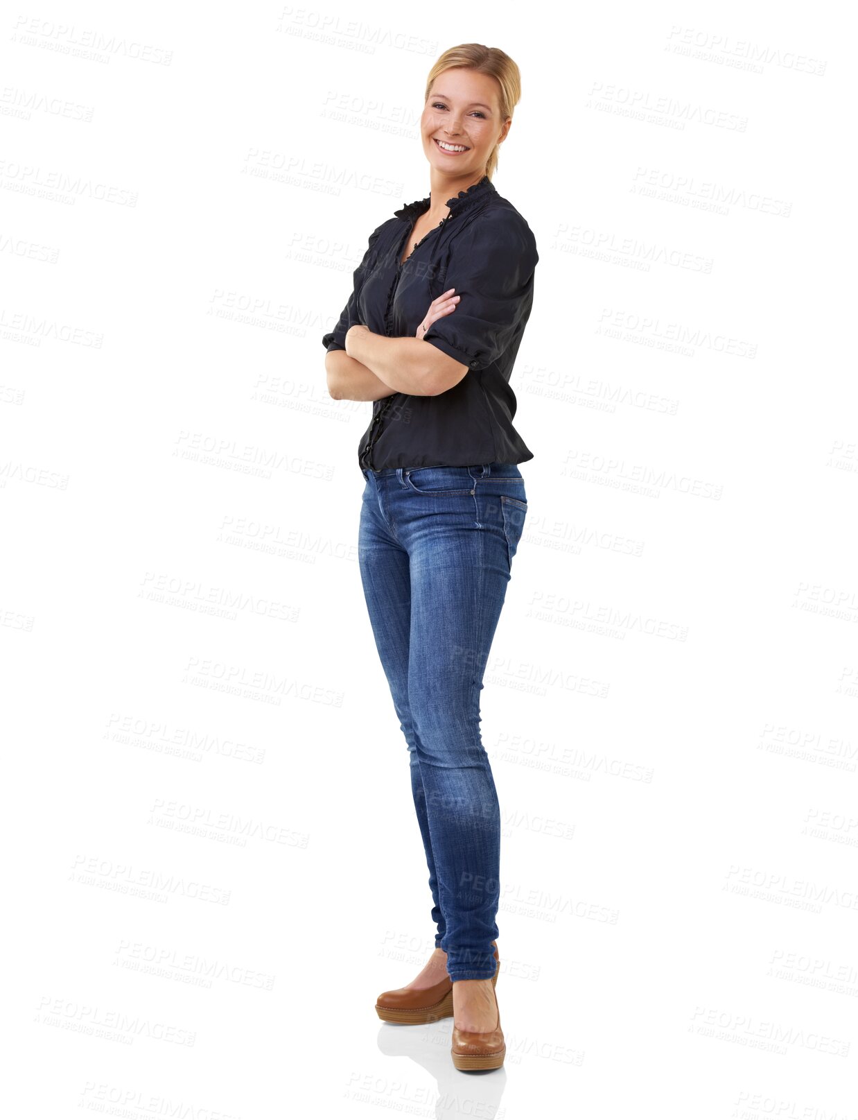 Buy stock photo Happy woman, portrait smile and arms crossed in casual fashion isolated on a transparent PNG background. Female person or model standing or smiling in confidence or happiness with denim jeans