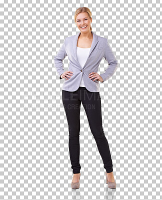 Buy stock photo Lawyer, portrait and woman with hands on hips isolated on a transparent png background. Confidence, happy and female professional, attorney and business person from Switzerland with pride for career.