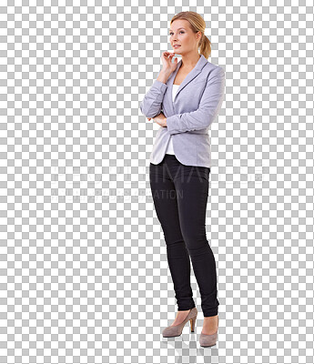 Buy stock photo Thinking, confused and business woman in professional clothes for career decision or Human Resources solution. Ideas, problem and corporate hr worker or person isolated on transparent png background