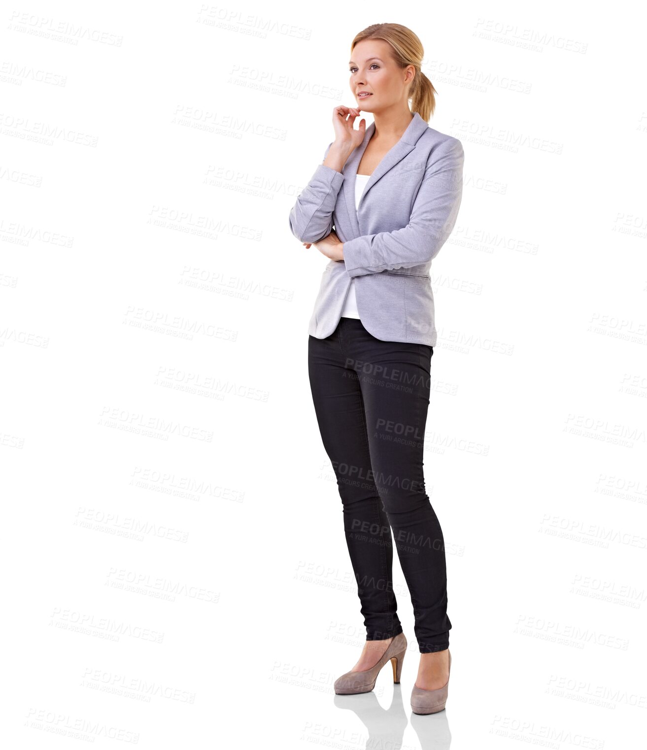 Buy stock photo Thinking, confused and business woman in professional clothes for career decision or Human Resources solution. Ideas, problem and corporate hr worker or person isolated on transparent png background