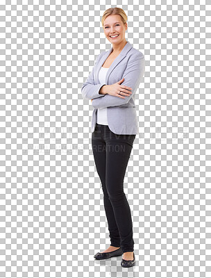 Buy stock photo Portrait, lawyer and business woman with arms crossed isolated on a transparent png background. Confidence, happy and female professional, attorney or person from Switzerland with pride for career.