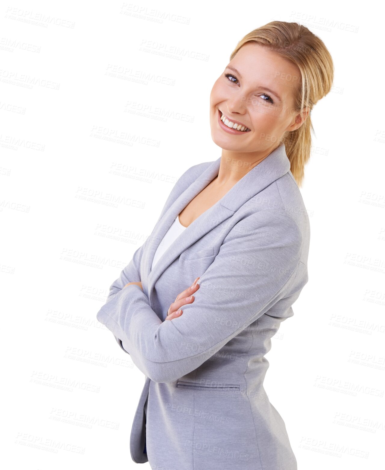 Buy stock photo Lawyer, portrait and business woman with arms crossed isolated on a transparent png background. Face, confident and happy professional, attorney or female person from Switzerland with pride for job.