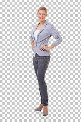 Buy stock photo Lawyer, portrait and woman with hands on hips isolated on a transparent png background. Confidence, employee and happy female professional, attorney or business person from Switzerland with pride