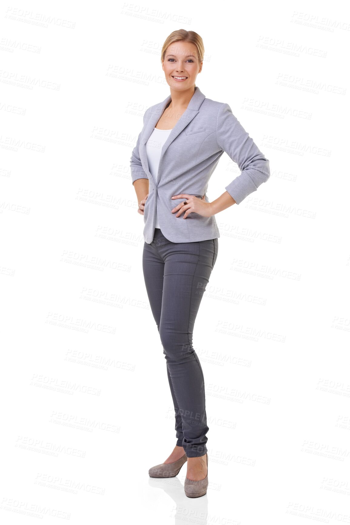 Buy stock photo Lawyer, portrait and woman with hands on hips isolated on a transparent png background. Confidence, employee and happy female professional, attorney or business person from Switzerland with pride