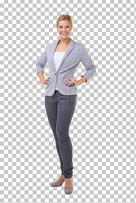 Buy stock photo Accountant, portrait and woman with hands on hips isolated on a transparent png background. Confidence, employee and happy female professional, auditor or business person from Norway with pride.