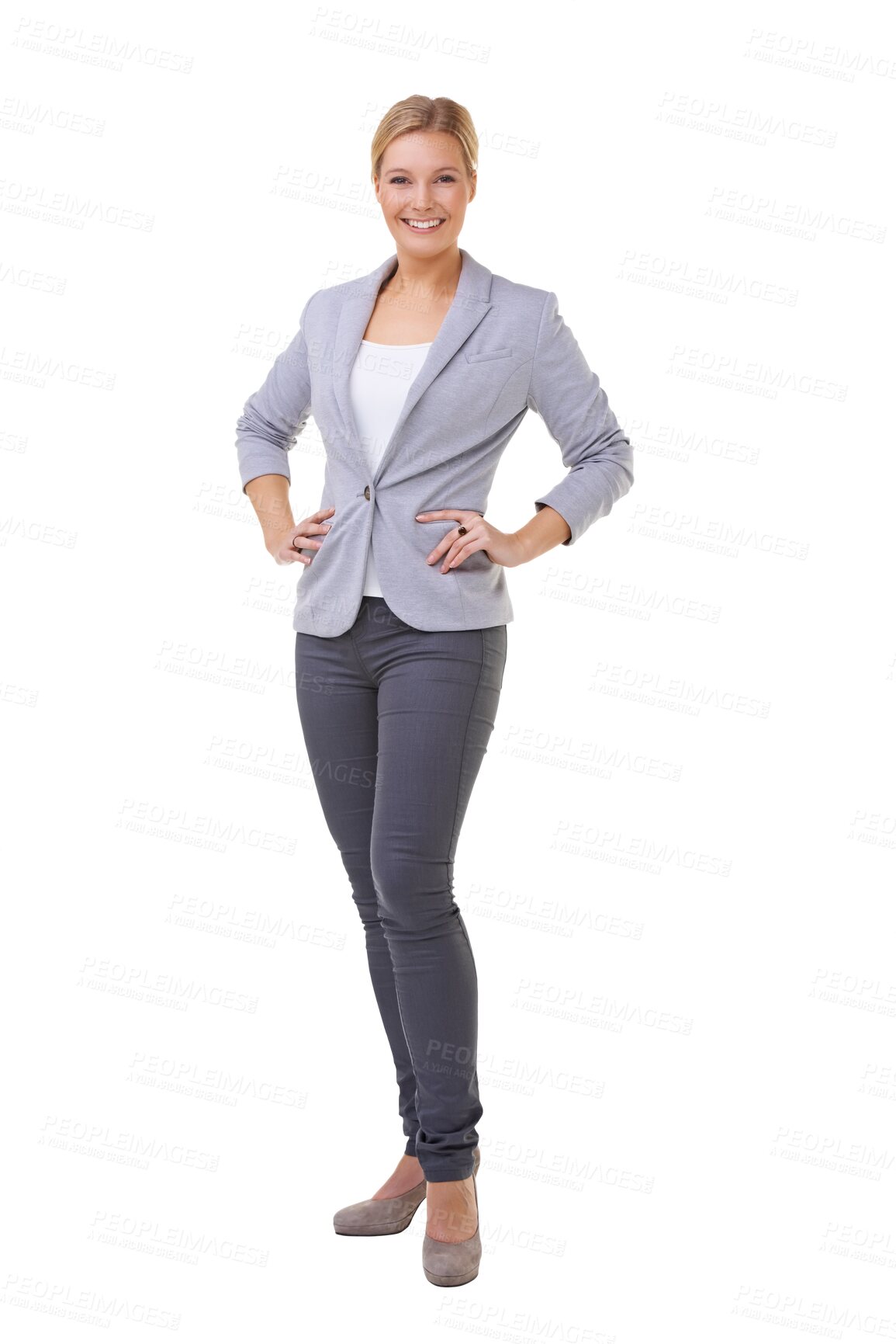 Buy stock photo Accountant, portrait and woman with hands on hips isolated on a transparent png background. Confidence, employee and happy female professional, auditor or business person from Norway with pride.