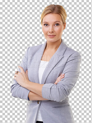 Buy stock photo Portrait, accountant and business woman with arms crossed isolated on a transparent png background. Confidence, employee and face of professional, auditor or person from Switzerland with pride.