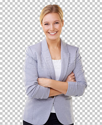 Buy stock photo Accountant, portrait and business woman with arms crossed isolated on a transparent png background. Confidence, entrepreneur and face of professional, auditor or person from Switzerland with a smile