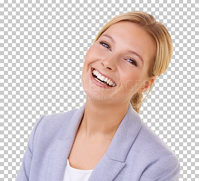 Buy stock photo Portrait, happy and business woman face for professional career, human resources or management. Headshot of boss, employer or HR person with smile and laughing isolated on transparent png background 