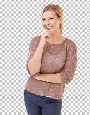 Buy stock photo Happy, thinking and woman with smile for vision or decision face expression with confidence. Happiness, excited and young female model with idea for future isolated by a transparent png background.