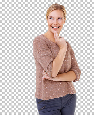 Buy stock photo Isolated woman, thinking and happy with smile, ideas or excited face for future on transparent png background. Model, lady and vision of mindset, memory or decision with question, choice and remember